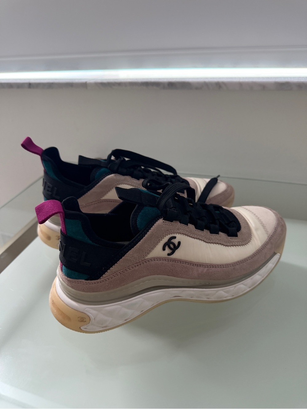CHANEL good condition 7.5 Leather/Suede Sneakers in Cream/Pink/Black/Teal